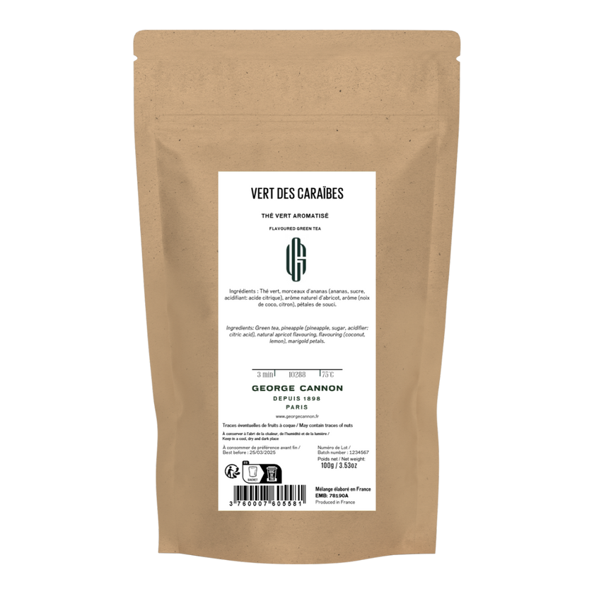 VERT DES CARAÏBES - Thé vert aromatisé ananas, noix de coco, citron