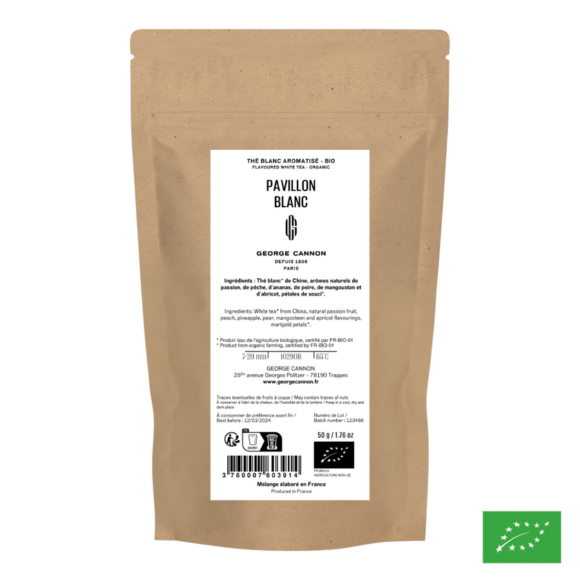 PAVILLON BLANC - Thé blanc aromatisé pêche, fruit de la passion, poire - Bio