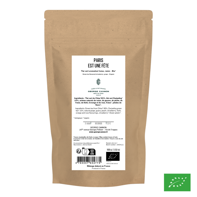 PARIS EST UNE FÊTE - Thé vert aromatisé fraise, raisin - Bio