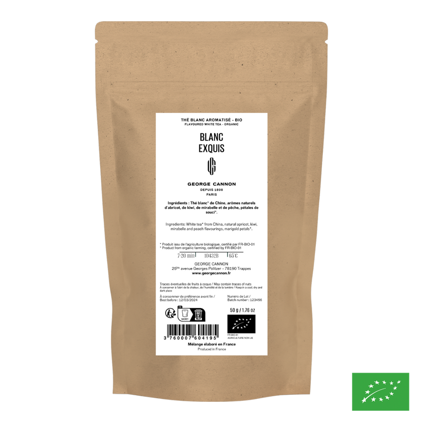 BLANC EXQUIS - Thé blanc aromatisé pêche, mirabelle - Bio